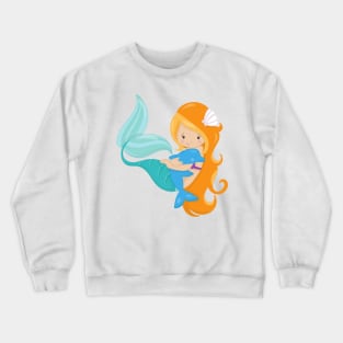 Cute Mermaid, Little Mermaid, Orange Hair, Dolphin Crewneck Sweatshirt